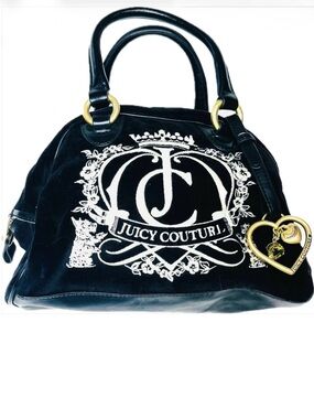 NWT Juicy Couture Black Velour Crest Satchel Hobo Bag Gold Heart Charm Y2K